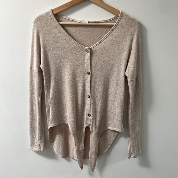 Olivia Rae Button Front cardigan Tie Waist Long Sleeve Boho Blouse oatmeal XS - Picture 2 of 7